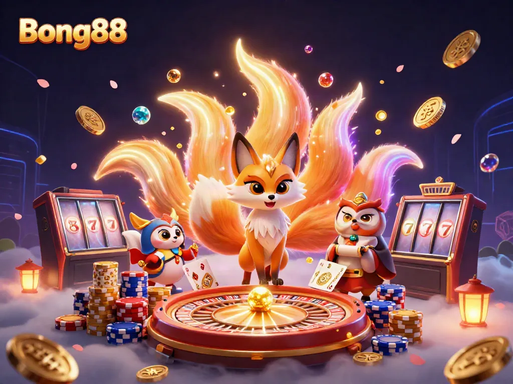 Experience the vibrant casino spirit with Bong88 featuring a colorful nine-tailed fox and a wise owl.