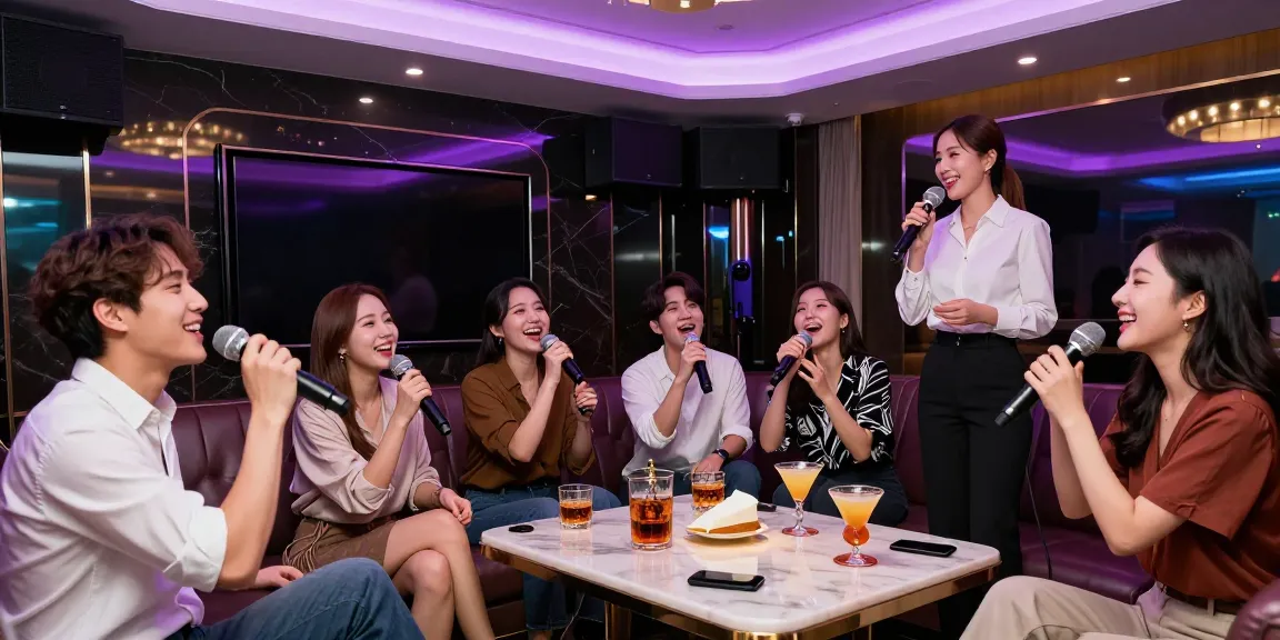 Enjoying a night out at 강남 가라오케 with friends in a vibrant private room filled with lights and premium drinks.