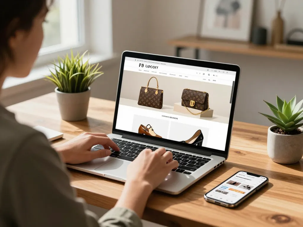 Browsing luxury 레플리카 사이트 on a stylish home office laptop.