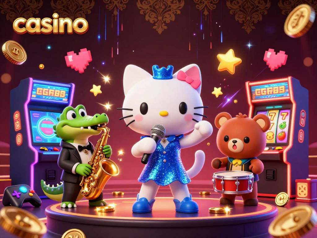 Engage with the vibrant casino scene featuring a jazz-singer cat amidst animated slot machines.