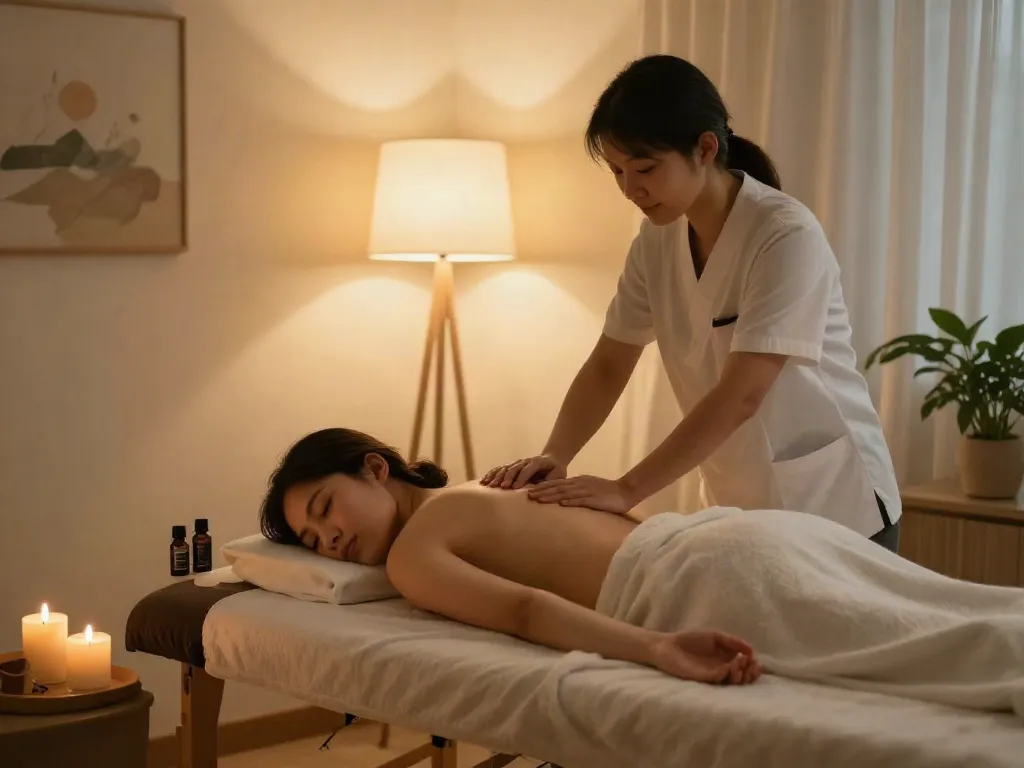 Professional therapist delivering 부평출장마사지 in cozy living room atmosphere.