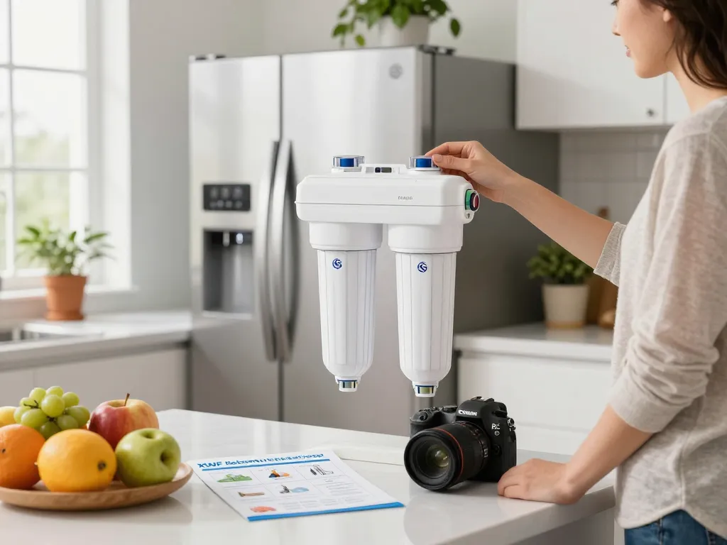 Overbest XWF Replacement for GE® XWF Refrigerator Water Filter being installed in a modern kitchen to ensure clean drinking water.