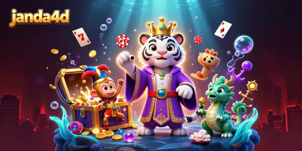 Rasakan keseruan bermain slot di janda4d dengan harapan jackpot terlihat di tengah ilustrasi 3D yang menarik.