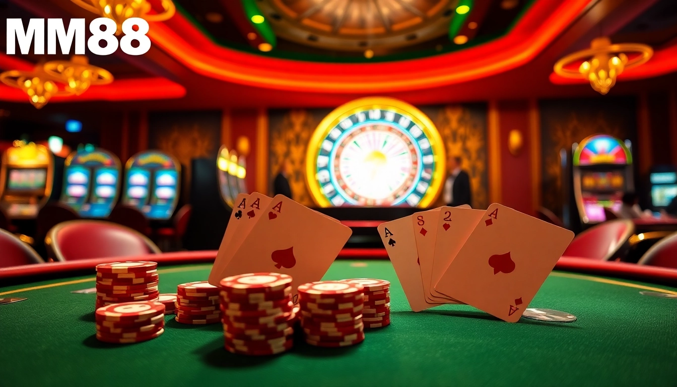Action-packed gaming experience featuring MM88 poker table and roulette wheel.