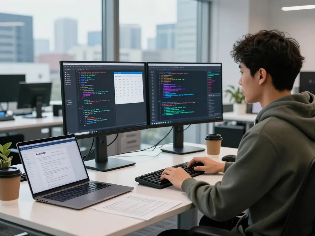 OpenClaw software development workspace with dual monitors, code, and documentation