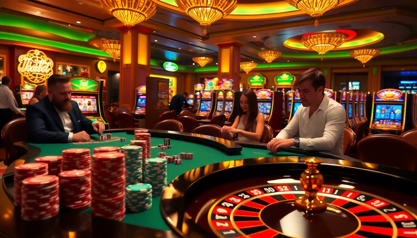 Players enjoying a thrilling game at Thabet77's luxurious casino tables, immersing in excitement.