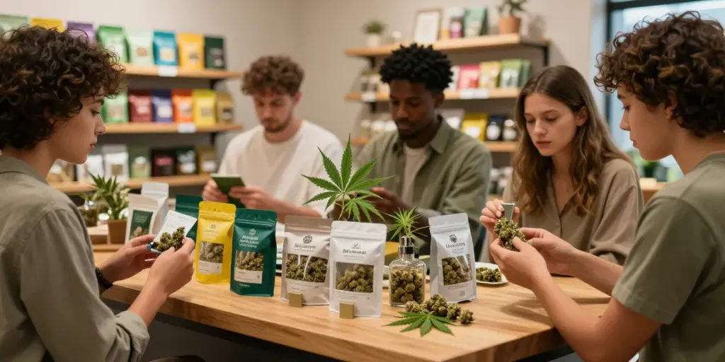 Engaged customers exploring the best hash mom Canada options in trendy dispensary.