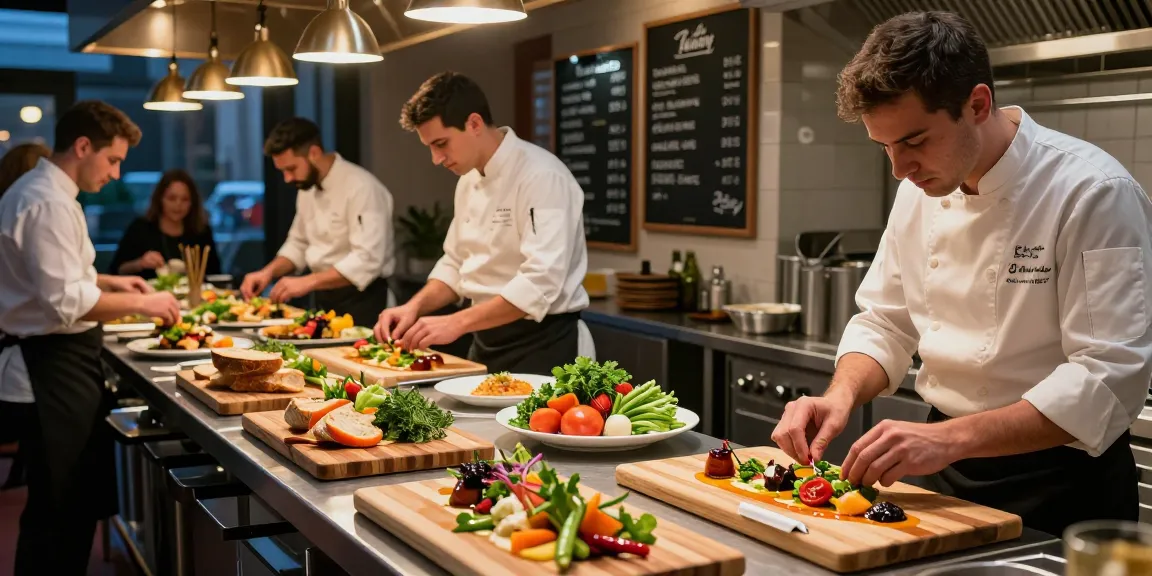 Plating gourmet dishes at a modern urban restaurant, connecting with https://forumup.org/shop/search.php?ca_id=&addr1=&addr2=&addr3=&schKeyword= in a vibrant kitchen setting.