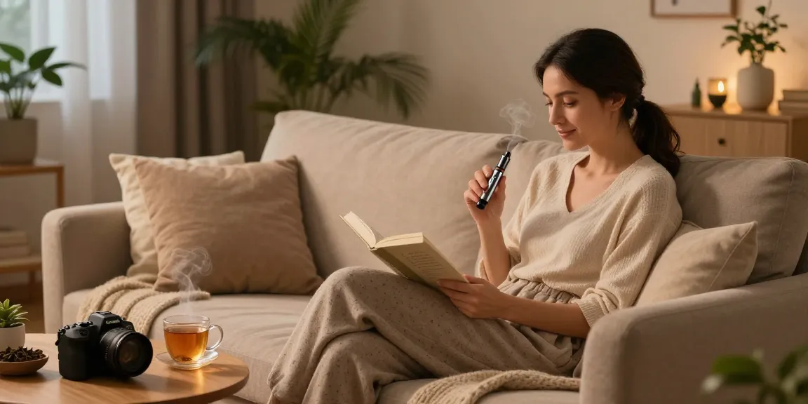 Using muha meds disposable vape pen during evening wellness routine with soft lighting and herbal tea