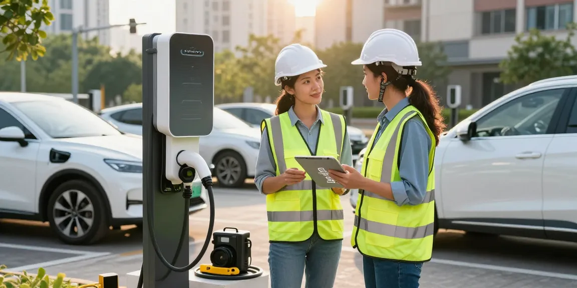 Portable ev charger supplier showcasing an engineer installing a modern EV charging station in an urban setting.