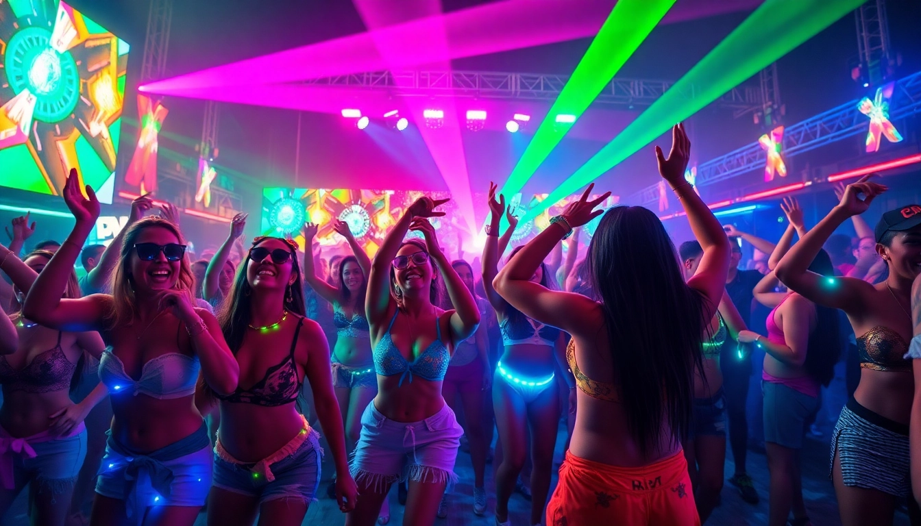 Engaging Miami rave scene with dancers showcasing vibrant energy and bright lights.