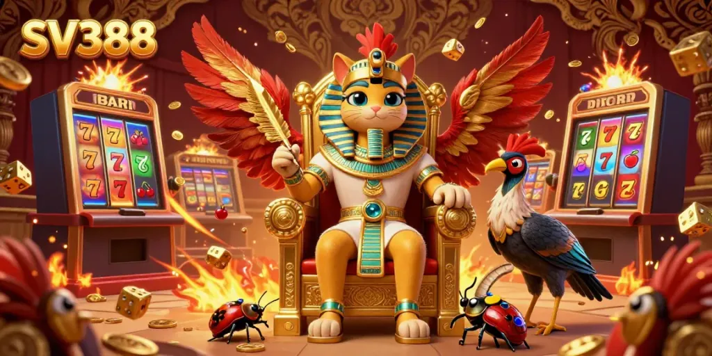 Experience lively cockfighting and casino excitement with SV388's vibrant gaming scene featuring a pharaoh cat and dynamic elements.