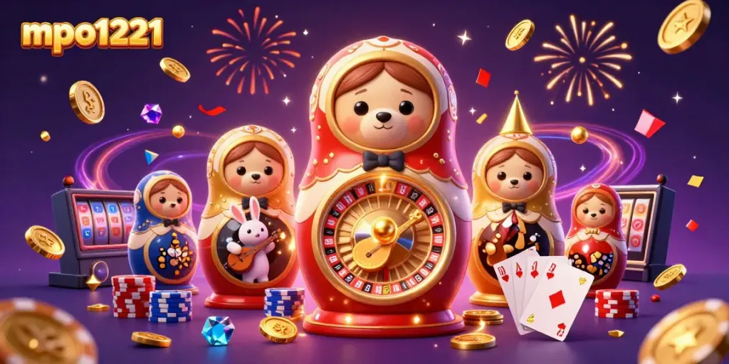 Experience the thrill of mpo1221 with charming 3D characters celebrating casino wins among vibrant game elements.