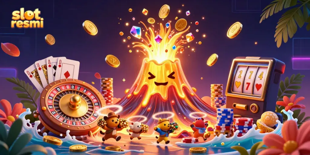 Experience the excitement of slot resmi with a golden volcano showering coins and gems in a vibrant 3D scene.