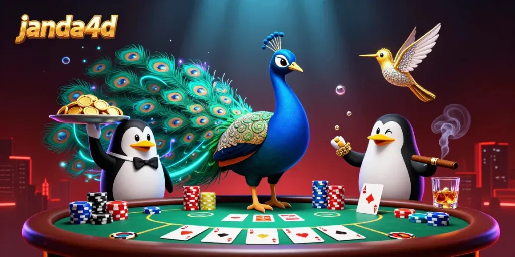 Mencoba keberuntungan di janda4d dengan ilustrasi meriah dari karakter kasino yang menarik dan elemen taruhan.