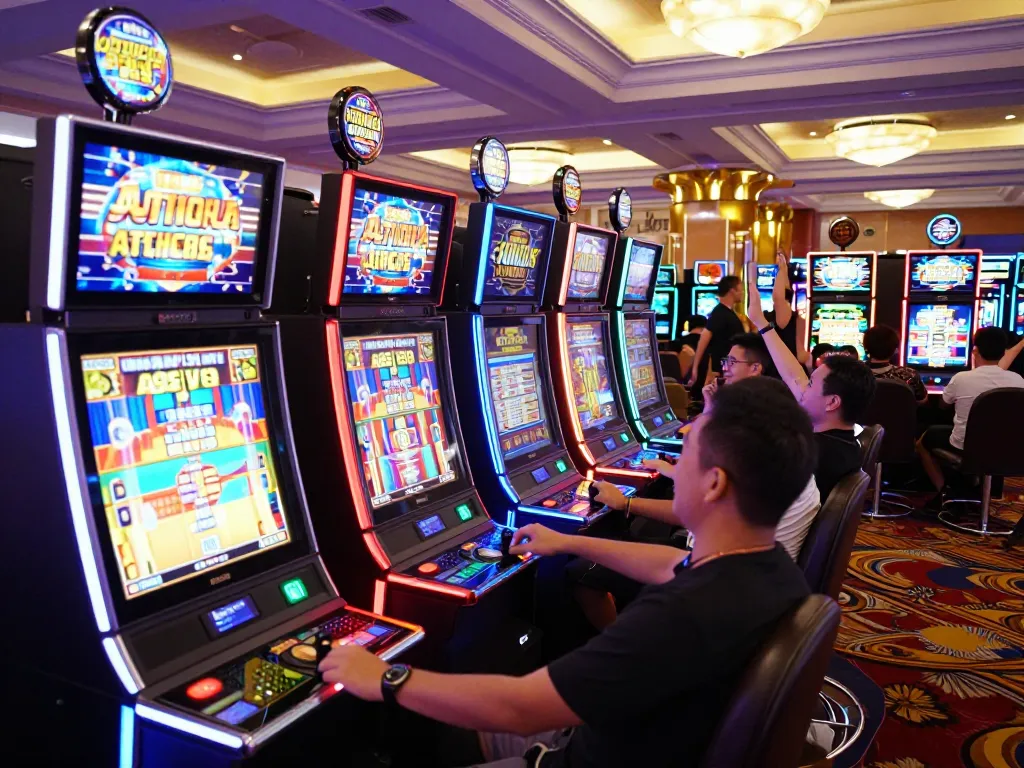 Players enjoying slot gacor games with vibrant machines and lively casino atmosphere.