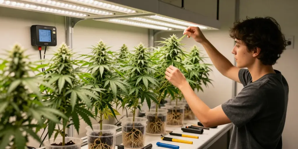 Feminised seeds being nurtured in a controlled indoor grow room with LED lights.