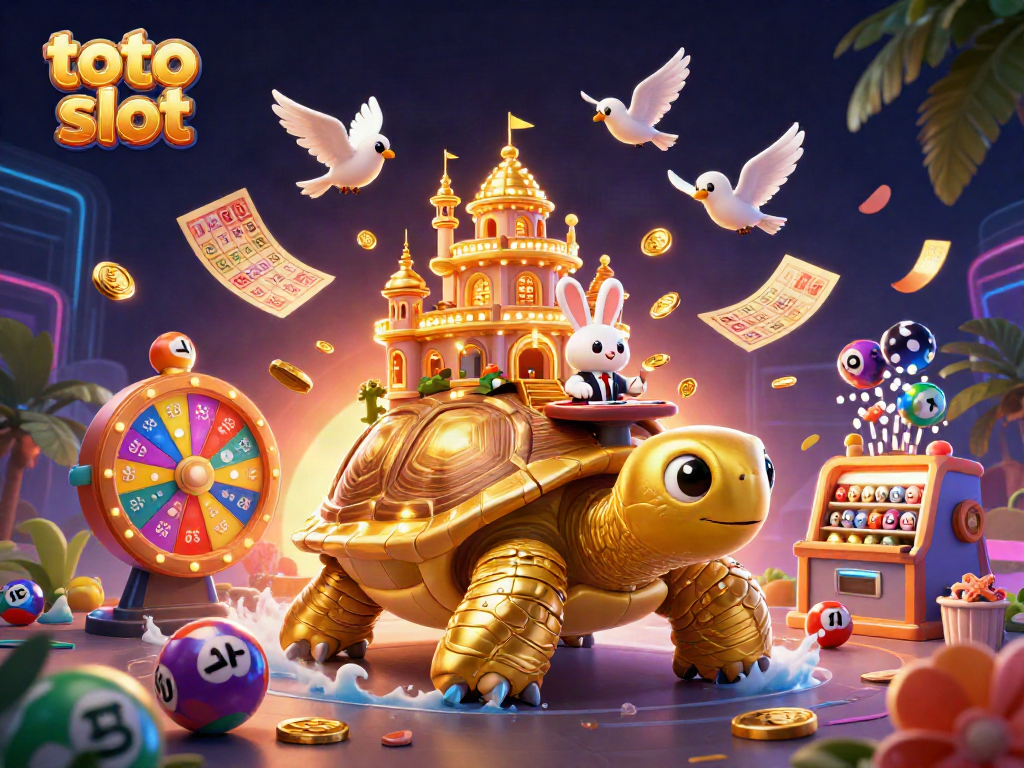 Play exciting games with toto slot, featuring a giant tortoise casino scene filled with vibrant slots and rewarding elements.