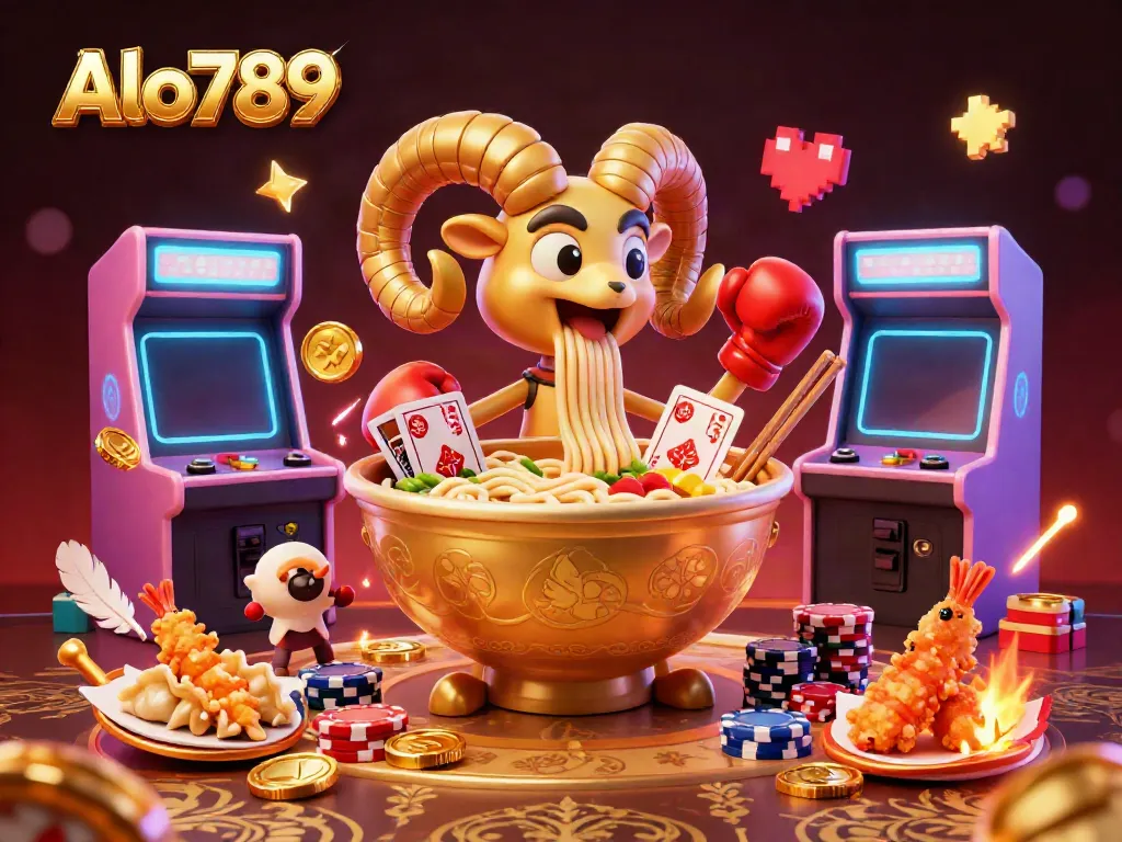 Experience lively cockfighting action with Alo789's gamers featuring a golden ramen bowl dealer, gyoza sidekick, and energetic game elements.