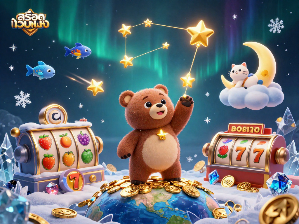 Engage with สล็อตเว็บตรง in a vibrant casino scene featuring a constellation bear and dynamic slot reels.