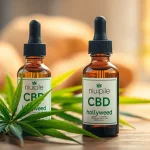 Appliquer huile cbd hollyweed dans un cadre naturel avec une bouteille en verre.