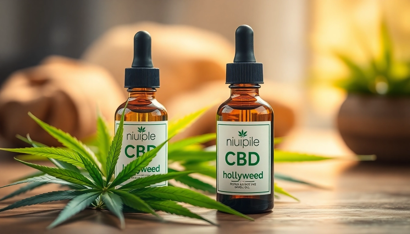 Appliquer huile cbd hollyweed dans un cadre naturel avec une bouteille en verre.