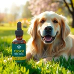 Happy golden retriever next to CBD Oil For Dog bottle in a sunny park setting.