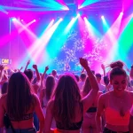 Experience a vibrant miami rave with energetic dancers and spectacular lights.