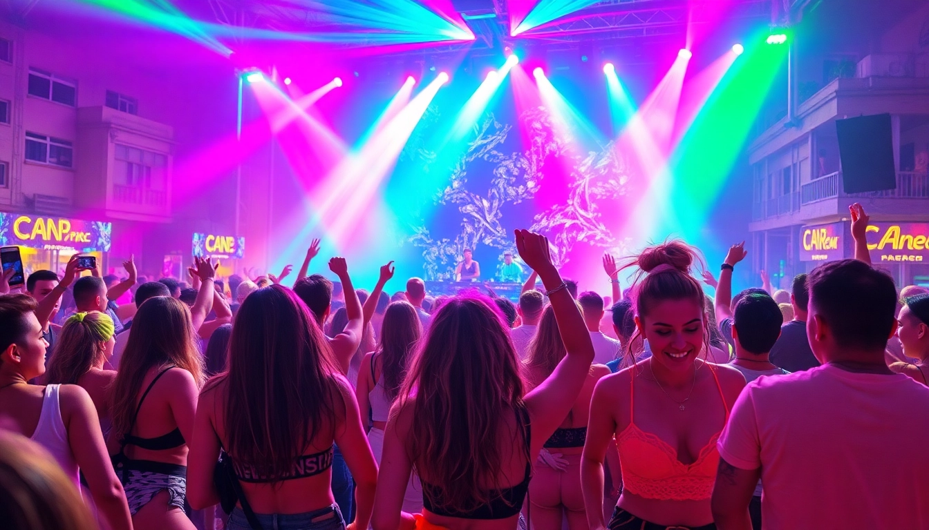 Experience a vibrant miami rave with energetic dancers and spectacular lights.