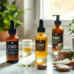 Applying CBD oil for skin treatment on a smooth surface with natural decor.