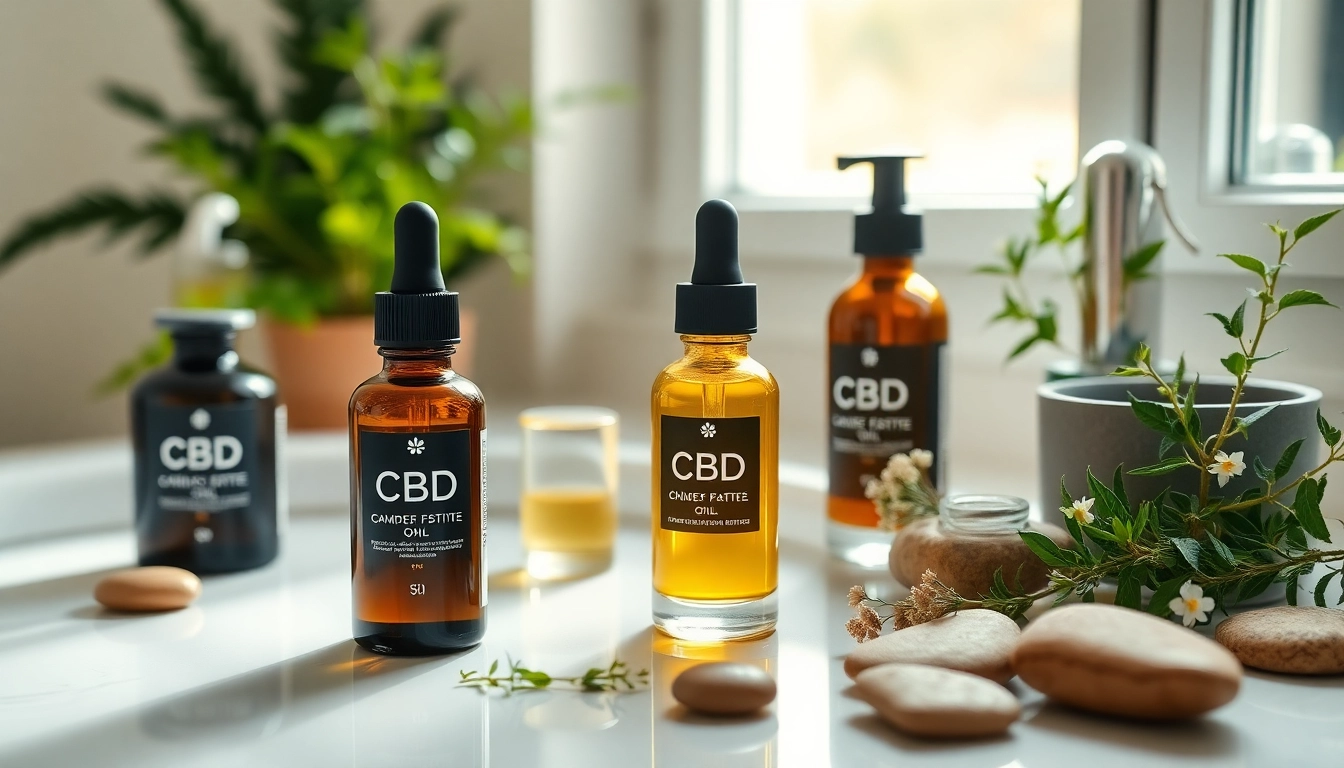 Applying CBD oil for skin treatment on a smooth surface with natural decor.