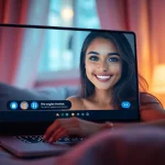 Intimate ai porn chat scene with a digital avatar interacting with a user in a cozy setting.