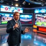 Engaging anchor in a professional sports broadcasting studio delivering news with high-definition screens.