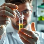 Scientist analyzing CBD extraction process in a bright lab setting.