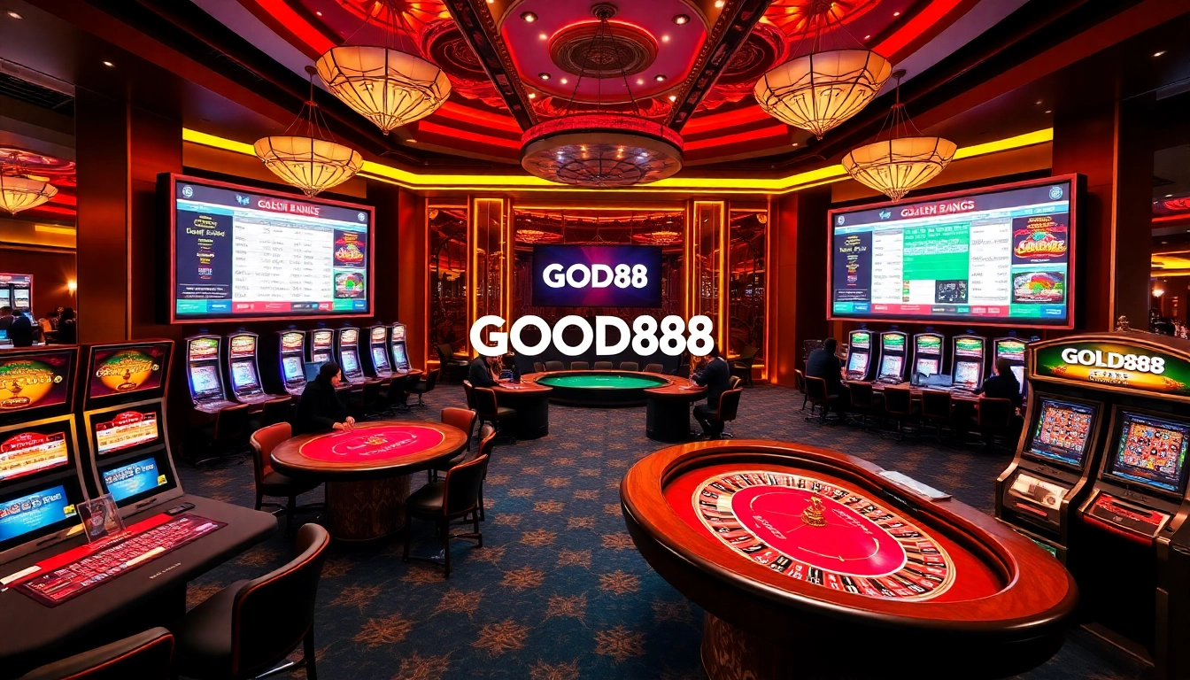 Players enjoying an immersive experience at GOOD88 casino with vibrant gaming tables and slot machines.