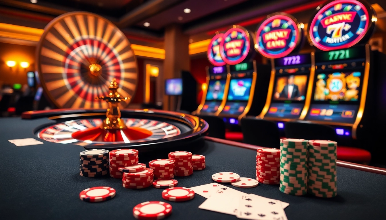 Experience the excitement of 777VIP with an elegant casino gaming scene showcasing poker chips and slot machines.