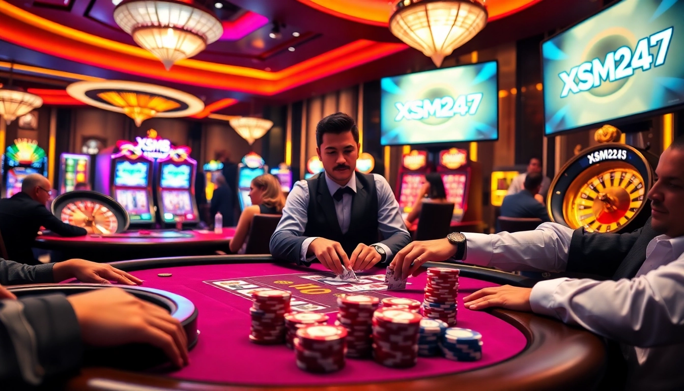 XSMB247 players strategizing at a luxurious poker table in a vibrant casino setting