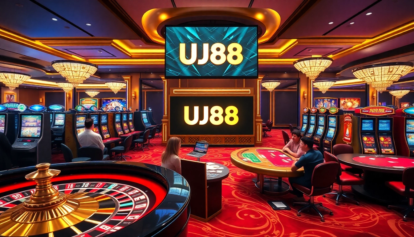 UU88 casino players enjoying games at a luxurious gambling venue with vibrant tables.