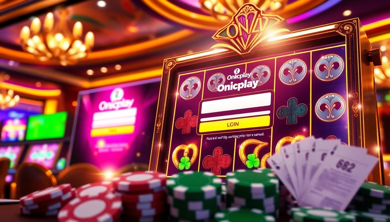 Experience the thrill of Onicplay login at a luxurious online casino setting with vibrant slot machines and games.