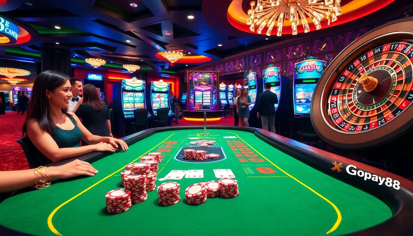 Players enjoy a thrilling game at a Gopay88 casino table with vibrant poker chips and illuminated cards.