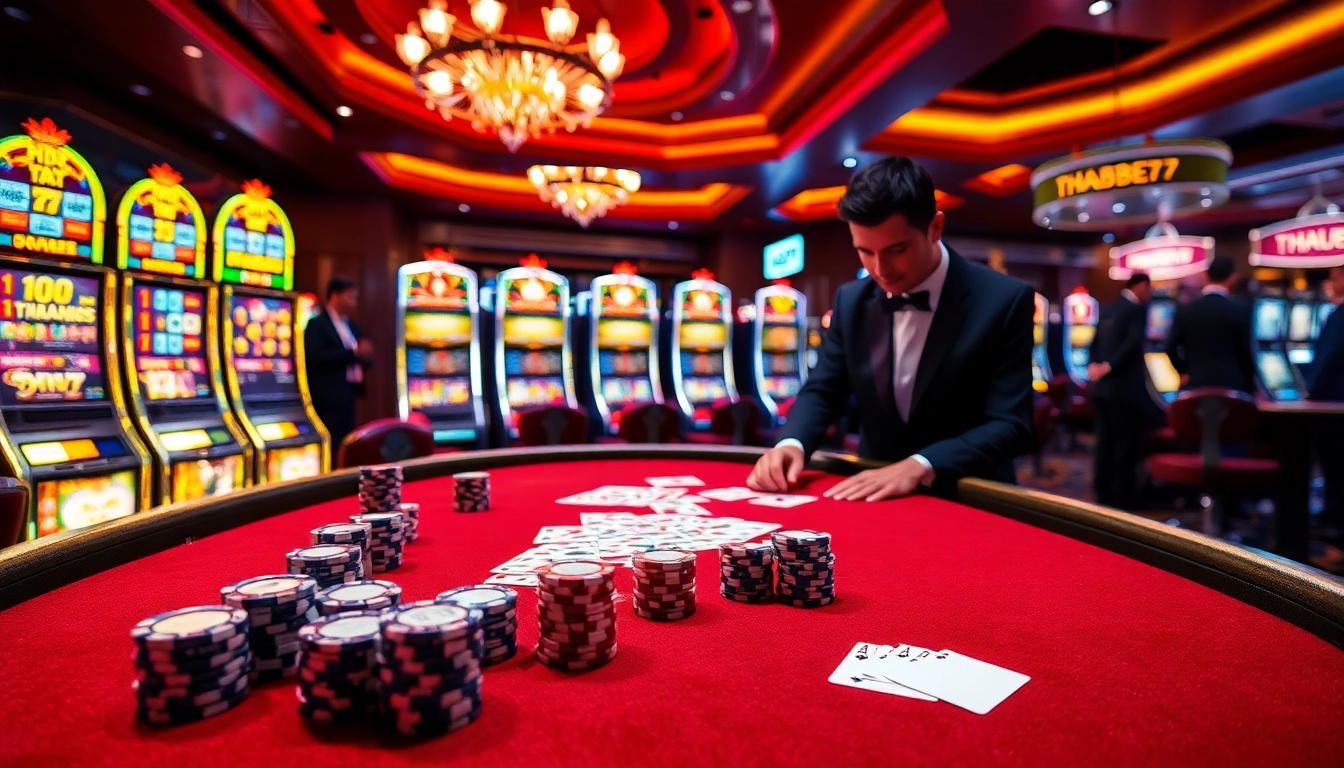 Thrilling poker action at Thabet77 Casino with luxurious atmosphere and vibrant gaming.