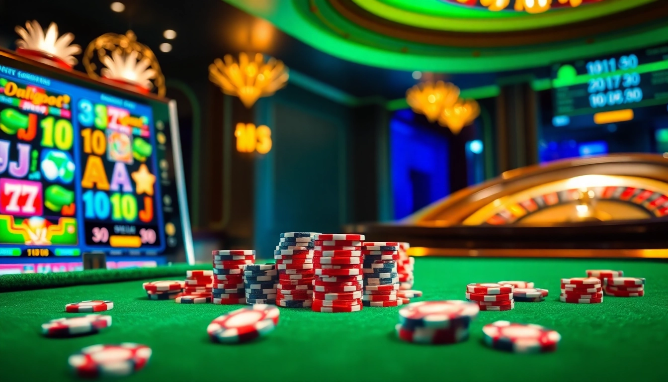 Experience the excitement of idnslot games with colorful slot machines and casino elements.