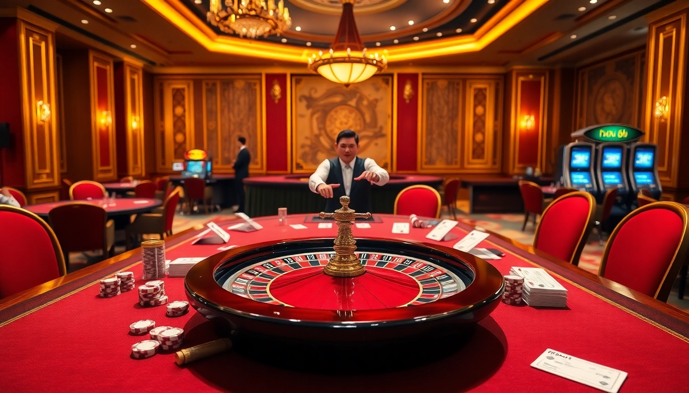 Experience the excitement of 68win with a vibrant casino scene featuring roulette and poker gaming.