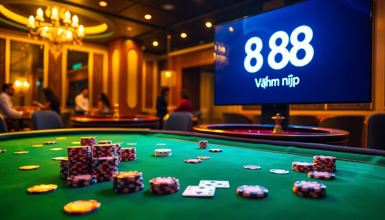 Engage with 888vnd đăng nhập through exciting casino visuals featuring poker and roulette.
