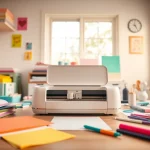 Cricut for beginners workspace featuring a Cricut machine and colorful crafting materials