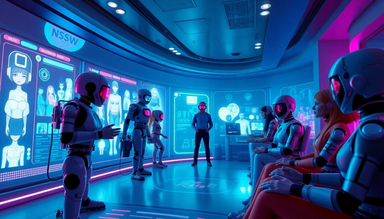 Engaging scene of nsfw ai chatbot interactions in a futuristic digital landscape, showcasing advanced technology and diverse avatars.