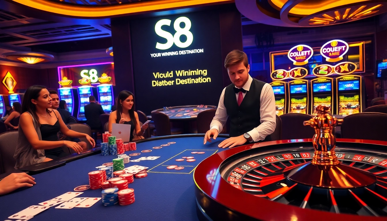 S8 Casino table featuring vibrant poker chips and a spinning roulette wheel, creating an exciting gambling experience.