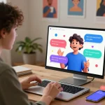 User enjoying a vibrant conversation with a spicychat AI companion in a lively home office setting.
