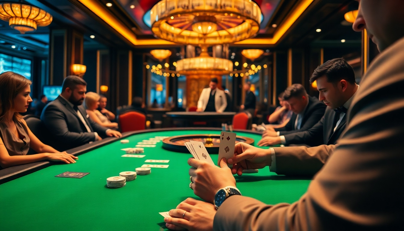 Topvin poker game in a luxurious casino setting with players and dealer interaction.
