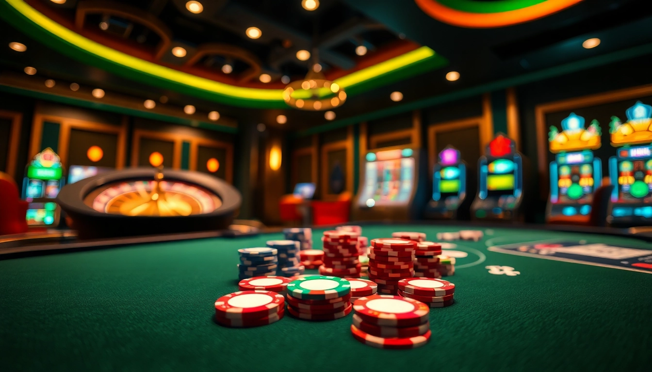 Experience the thrill of 8day gaming with vibrant casino tables, roulette wheels, and poker chips.